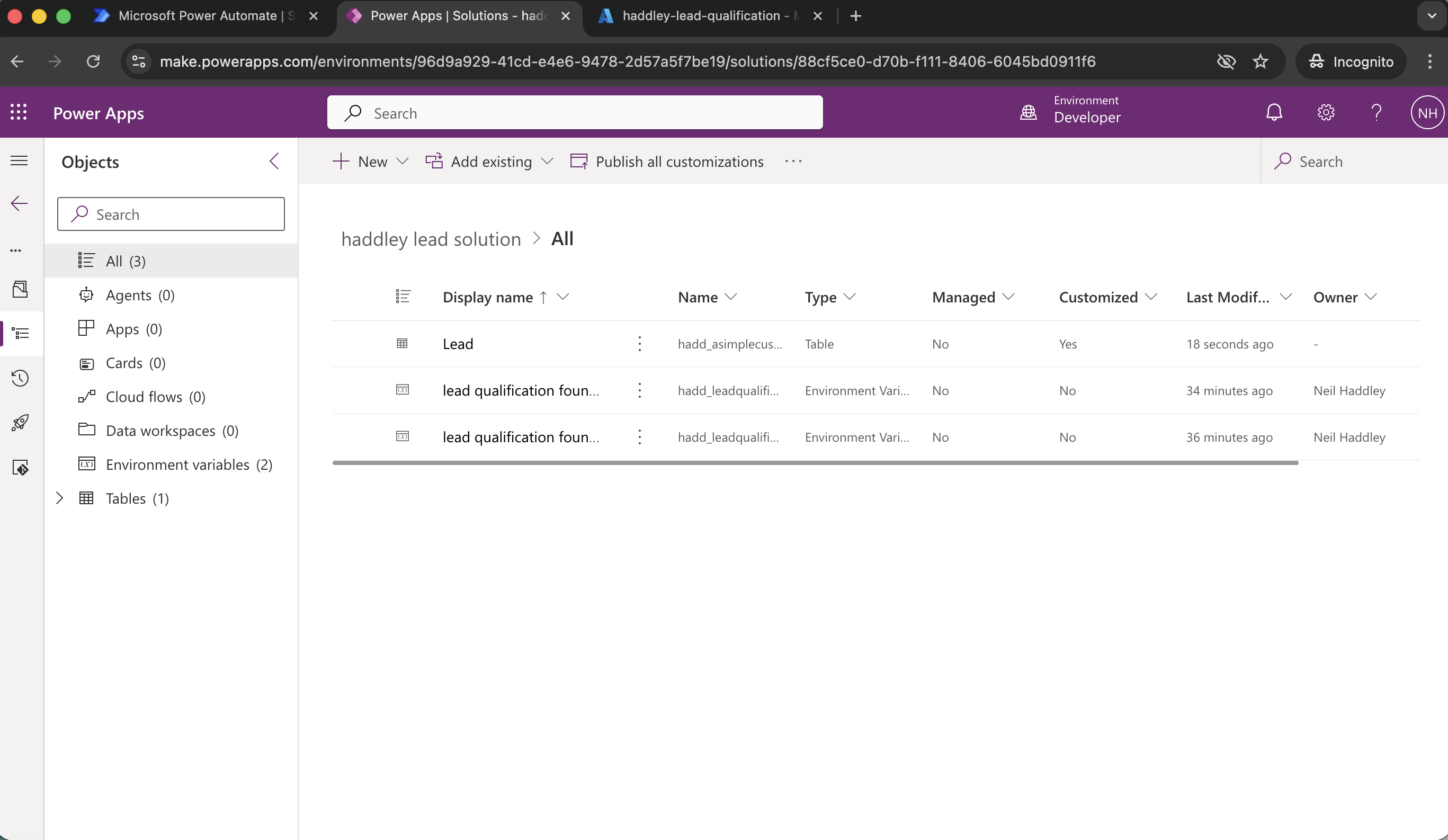 Solution has one table and two environment variables